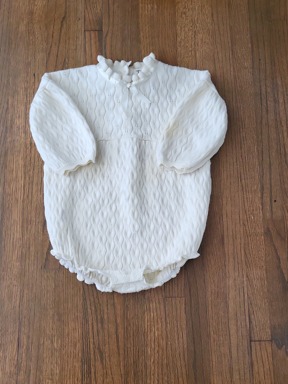 Soft Cream Sweater Baby Bubble Romper with Ruffle Neck